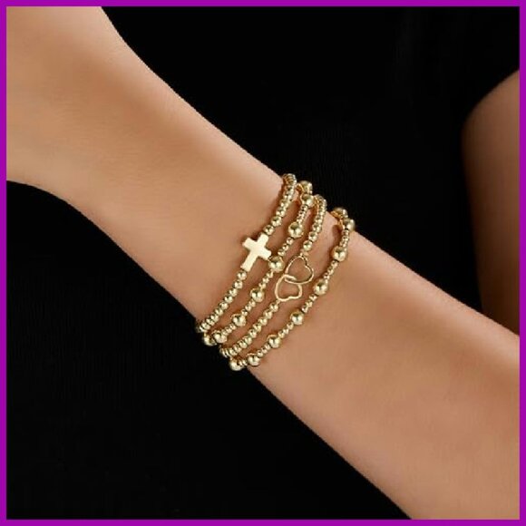 14K Gold Plated Beaded Bracelets Cross Necklace Set 6PCS Stackable - Picture 4 of 6
